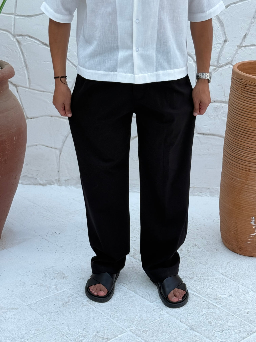 FAME men's gabardine cotton pants with side pockets and matching belt in beige, regular fit casual trousers for men in Egypt.