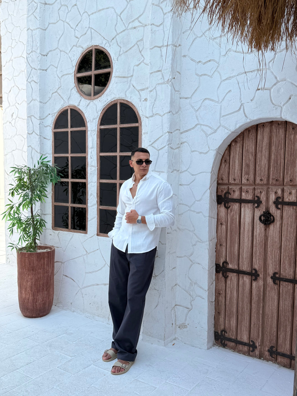 FAME men's gabardine cotton pants with side pockets and matching belt in beige, regular fit casual trousers for men in Egypt.